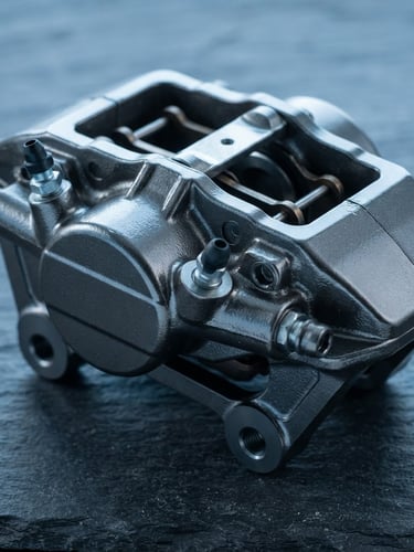 Macro close-up of a pristine, uninstalled steel brake caliper resting on a clean dark slate industrial surface, sharp metallic reflections, cool blue studio lighting, 50mm