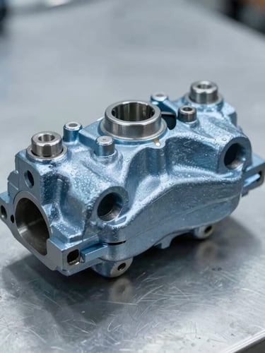 A macro close-up of a pristine, uninstalled steel brake caliper resting on a clean slate industrial workbench, cool high-contrast studio lighting, metallic reflections, 50mm lens