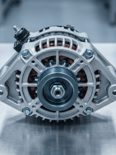 Macro close-up of a pristine, uninstalled metallic alternator on a clean steel surface, cool studio lighting, sharp reflections, 50mm
