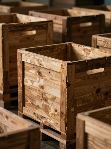 Neatly packed wooden export crates inside a clean, well-lit Moradabad shipping warehouse, dramatic side-lighting, warm tones.