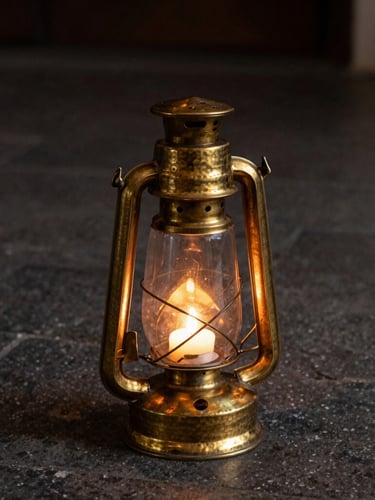 A tall hand-hammered brass lantern with a glass chimney, sitting on a dark stone floor, warm candle light reflecting on the hammered metal, dramatic side-lighting