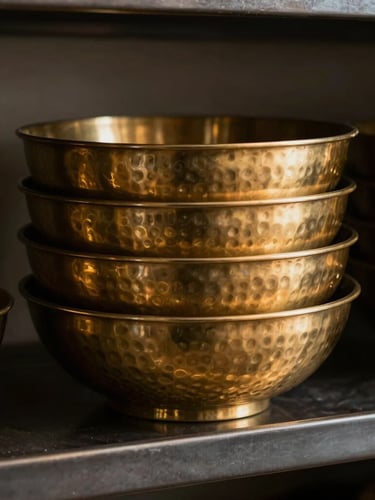 A group of three nested decorative brass bowls with rich hammered textures, stacked neatly on a dark steel shelf, warm dramatic side-lighting