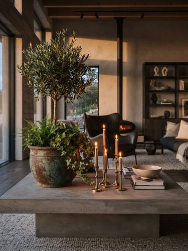 Wide shot of a modern architectural living room with a large patinated iron planter and brass candle holders on a concrete table, warm dramatic side-lighting