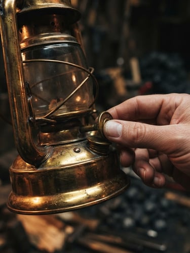 Macro photograph of a hand inspecting a raw brass lantern, warm metallic reflections, dramatic side-lighting, shallow depth of field.