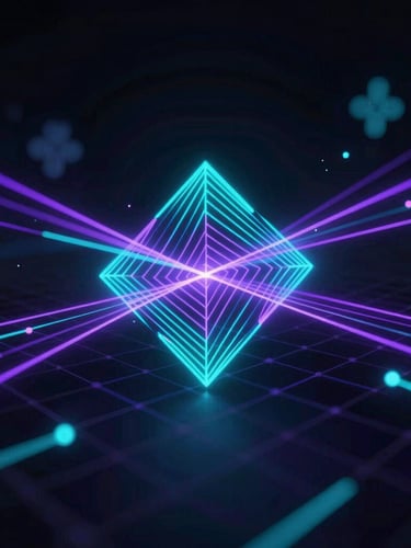 futuristic sci-fi digital art, dark background, neon cyan and violet glowing vectors, abstract geometric patterns, 3d render of a mathematical grid