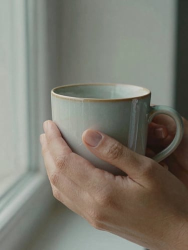 Close-up of gentle hands holding a warm ceramic mug, soft morning light, muted earth tones, 35mm film