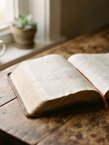 Soft morning window light illuminating an open Bible on a rustic wooden table, shallow depth of field, warm earth tones, serene atmosphere, 35mm film