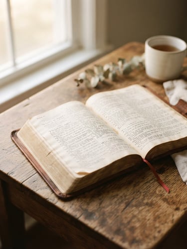 Soft diffused morning window light warming an open Bible on a wooden table, shallow depth of field, 35mm film