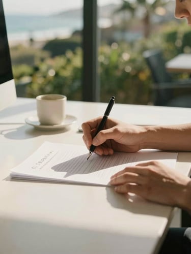 A sunlit modern California workspace, close-up of hands writing on a clean document, warm natural coastal daylight, soft shadows, 35mm editorial