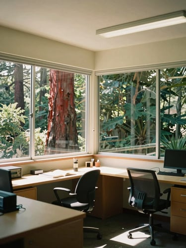 Warm environmental photography of a sunlit mid-century modern California office workspace, redwood trees visible through large windows, 35mm