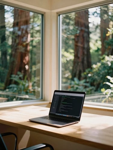 A sunlit modern Northern California office with large windows overlooking redwood trees, a clean wooden desk with a laptop displaying code, warm natural light, 35mm photography.