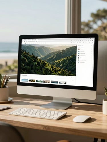 Warm, sunlit California workspace with a custom designed interface on a monitor, soft coastal light, sharp focus