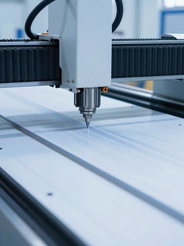 Close-up of a high-precision CNC laser cutting machine slicing through thick structural steel plate, cool blue industrial lighting, sharp focus, 35mm