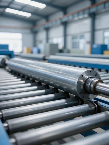 Close-up of industrial conveyor rollers moving heavy steel components, bright daylight streaming through warehouse skylights, 35mm