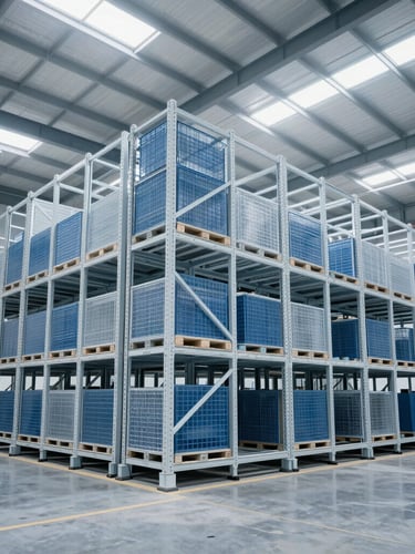 Wide-angle environmental shot of massive automated warehouse racking systems, crisp cool daylight streaming through skylights, high-contrast blue and white tones, 35mm