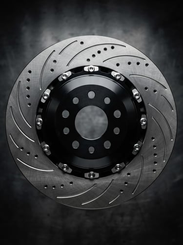 Crisp, clean, isolated shot of a brand-new, high-performance brake disc on a dark metallic background, high-contrast studio lighting, sharp focus, industrial aesthetic.
