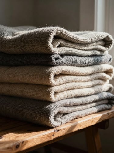 Medium environmental shot of thick folded wool blankets stacked on a raw wood rustic bench, strong side natural window light casting deep shadows, 35mm