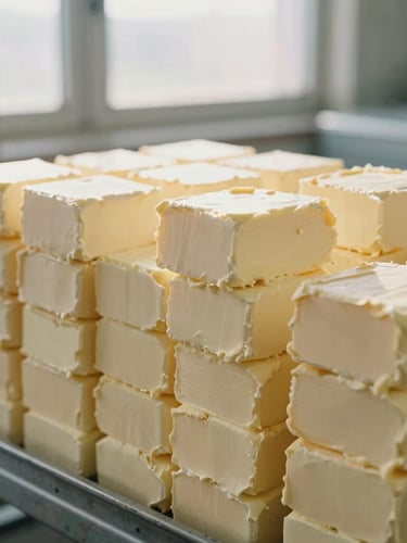 Packaged butter blocks stacked neatly in a clean industrial facility, soft natural morning light, warm cream tones, shallow depth of field