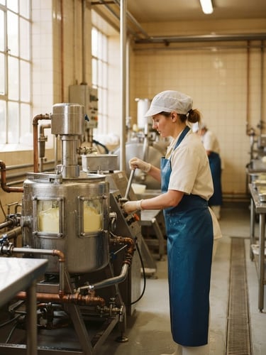 Warm industrial butter manufacturing facility, stainless steel equipment, soft morning window light, cream and steel tones, 35mm
