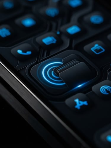 High-fidelity macro close-up of a mobile screen showing a smooth UI transition within a dark-mode launcher, electric blue accents highlighting interactive elements, low-key studio lighting with sharp reflections on the phone's edge, extreme detail, no text on screen.