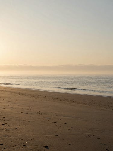 Serene empty beach at the Black Sea during sunrise, soft golden mist over the water, minimal composition, contemplative atmosphere