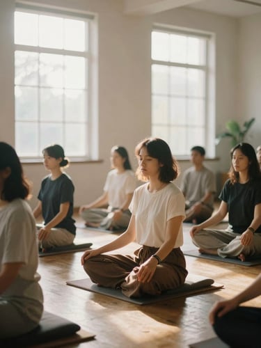 Quiet group of practitioners sitting in a bright, sunlit meditation hall, soft morning light filtering through high windows, warm editorial photography, 35mm film look