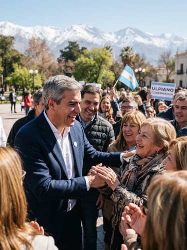 Ulpiano Suarez, candidato a gobernador, sonriendo y estrechando manos con ciudadanos en un evento al aire libre en Mendoza, con montañas de fondo, luz solar brillante, tonos limpios y nítidos, shallow depth of field, 35mm lens.
