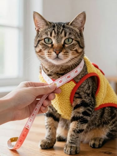 Close-up of a calm tabby cat sitting on a wooden table, a hand gently measuring its chest with a soft tape measure, bright natural light from a window