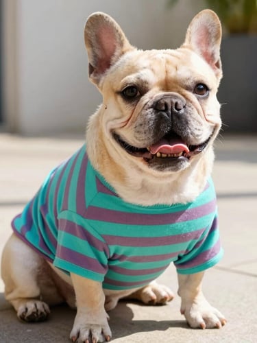 A happy French Bulldog wearing a vibrant teal and mauve striped cotton shirt, sitting comfortably on a sunny patio, eye-level shot, bright natural light
