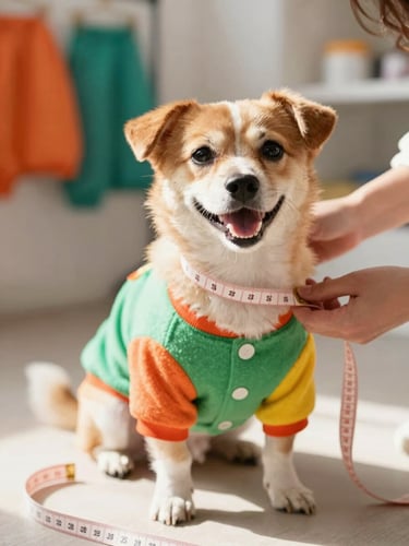 bright natural light photography, a cheerful small dog being measured gently with a soft tape measure, warm vibrant tones, workshop background, shallow depth of field