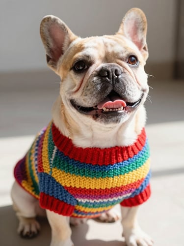 A joyful French bulldog wearing a colorful handcrafted Mexican knit sweater, bright natural light, looking up happily, 35mm lens