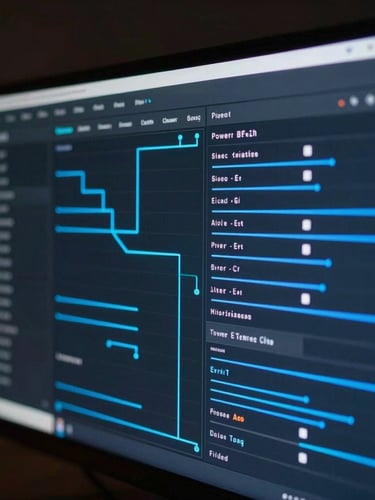 Macro close-up of a dark-themed Power BI dashboard interface on a high-resolution monitor, glowing blue data-stream lines, moody ambient lighting.