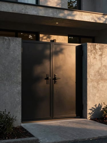 Dramatic architectural shot of a bespoke matte black iron gate integrated into a modern concrete villa facade, sunset chiaroscuro lighting casting long shadows.