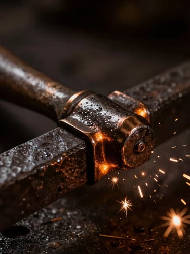 Macro shot of a hand-hammered iron joint with glowing bronze accents, dramatic workshop lighting with warm amber sparks, shallow depth of field, 35mm