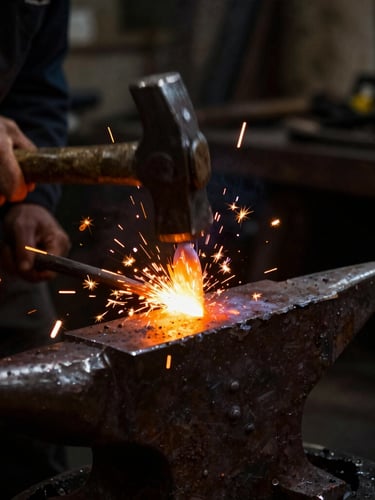 Dramatic close-up of glowing orange steel being forged on an anvil under a heavy hammer, sparks flying, dark workshop background, high-contrast chiaroscuro, 35mm.