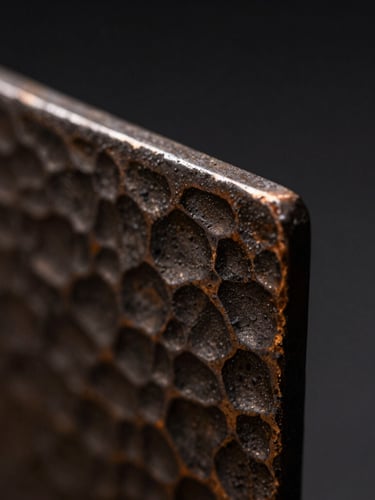 Close-up macro shot of hand-hammered iron texture with a subtle bronze patina, dramatic side lighting highlighting the raw brutalist edges, dark charcoal background, shallow depth of field, 35mm.