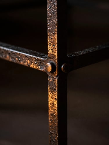 Dramatic close-up of a hand-forged iron table joint with a warm bronze inlay, high-contrast chiaroscuro lighting, deep charcoal and glowing amber tones, shallow depth of field, 35mm