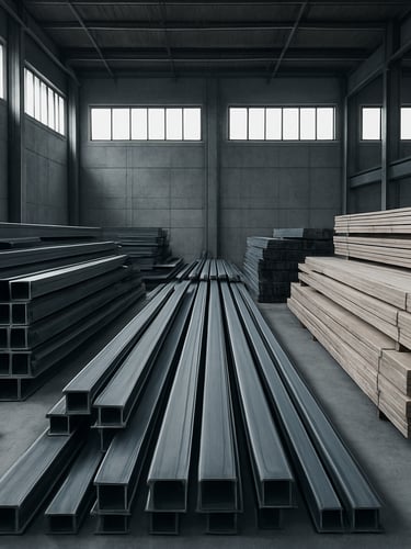 Inside a clean, highly organized construction warehouse staging area on The Vale, structural steel beams and timber neatly stacked, sharp architectural shadows, cool overcast daylight streaming through high windows.