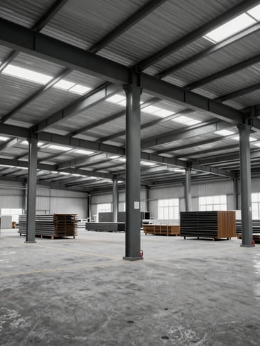 Wide-angle environmental shot of an organized commercial staging warehouse interior with structural steel beams and building materials, cool overcast daylight, high contrast desaturated tones
