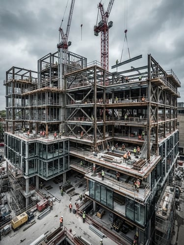Wide environmental shot of a modern West London architectural build in mid-construction, overcast daylight, sharp structural steel framing against a cool gray sky, high contrast desaturated tones.