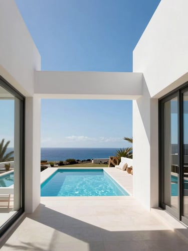 Bright sunlit interior of a modern luxury villa in Fuerteventura, clean lines, minimalist decor, looking out to a swimming pool under clear Canary blue sky.