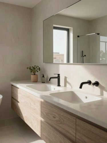 Medium shot of an elegant, sunlit modern bathroom interior in Fuerteventura, newly renovated with clean microcement finishes and high-end black metal fixtures.