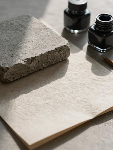 Close-up of raw materials in a sunlit studio, textured handmade paper, a block of solid grey stone, and dark ink wells.
