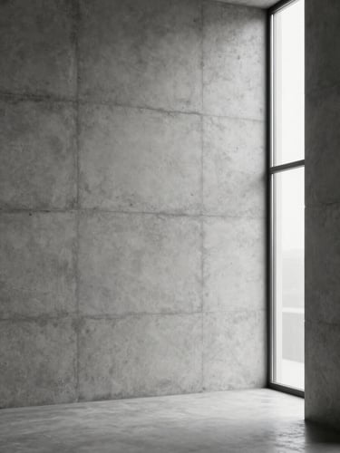 Architectural crop of a minimalist studio interior, raw concrete wall, soft side lighting from a tall window, intentional restraint, portrait aspect.