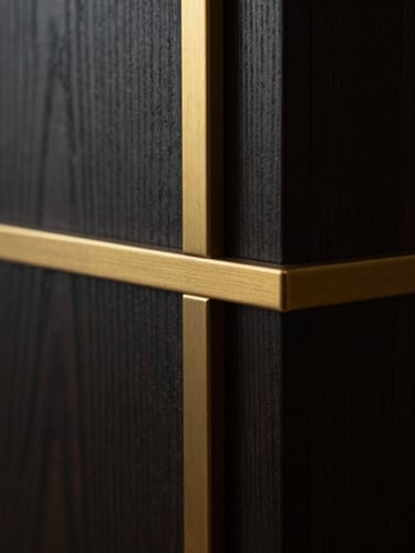 Macro photographic detail of seamless dark wood joinery, brushed gold hardware accent, low-key side-lighting, Hasselblad medium format