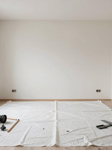 Straight-on architectural angle of a beautifully protected residential interior, clean canvas drop cloths covering the floor, neatly aligned tools, soft side-lighting