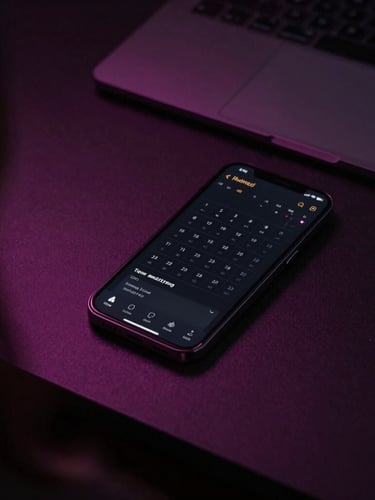 Over-the-shoulder shot of a clean, minimalist workspace with a smartphone showing automated calendar bookings, subtle fuchsia ambient lighting, sharp focus, 35mm