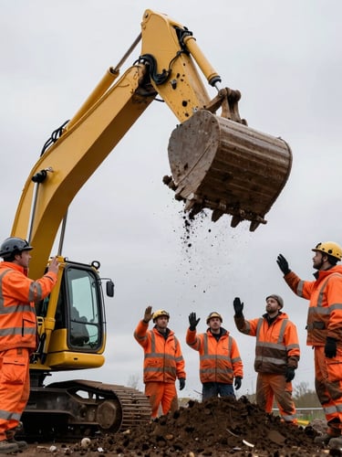 Low-angle action shot of a yellow excavator bucket lifting dark soil, professional groundworkers in high-visibility orange safety jackets communicating with hand signals, overcast Dutch sky