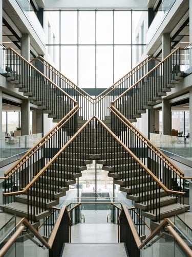 Crisp architectural photography of modern office stairs, structured symmetrical framing, high contrast, 35mm, natural lighting.