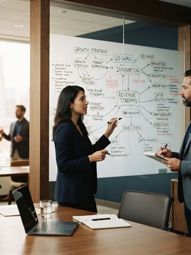 Medium shot of a collaborative corporate meeting in a room with soft natural window light, selective focus on a whiteboard with clean strategic notes, professional and calm atmosphere, deep navy and bronze tones, 35mm